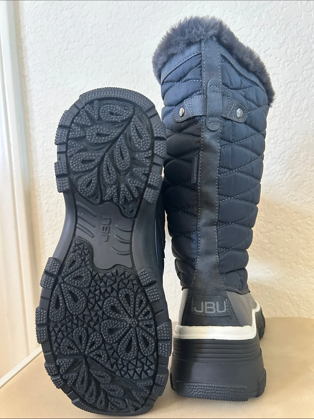JBU Navy Quilted Lace-Up Fur-Trim Winter Boots